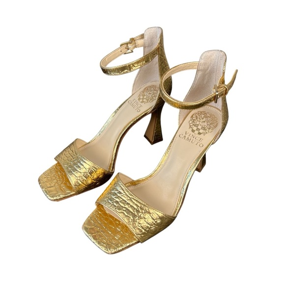 Vince Camuto Ressera Gold Croc Embossed Sandal Heels with Ankle Strap, Size 6 - Picture 2 of 9